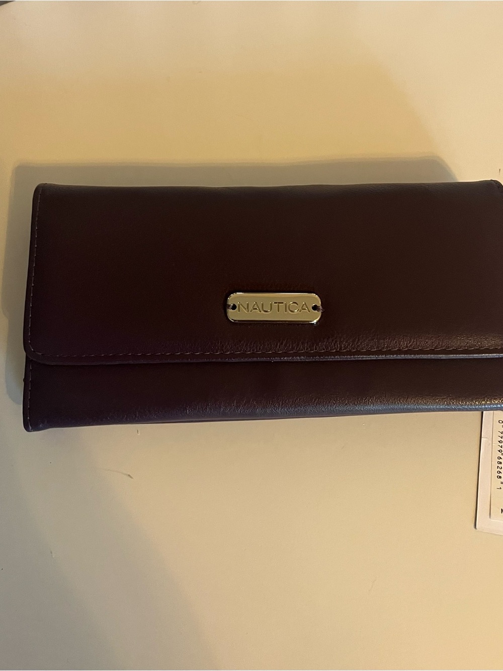 Nautica Women's Deep Plum Leather Trifold Wallet with Metal Logo
